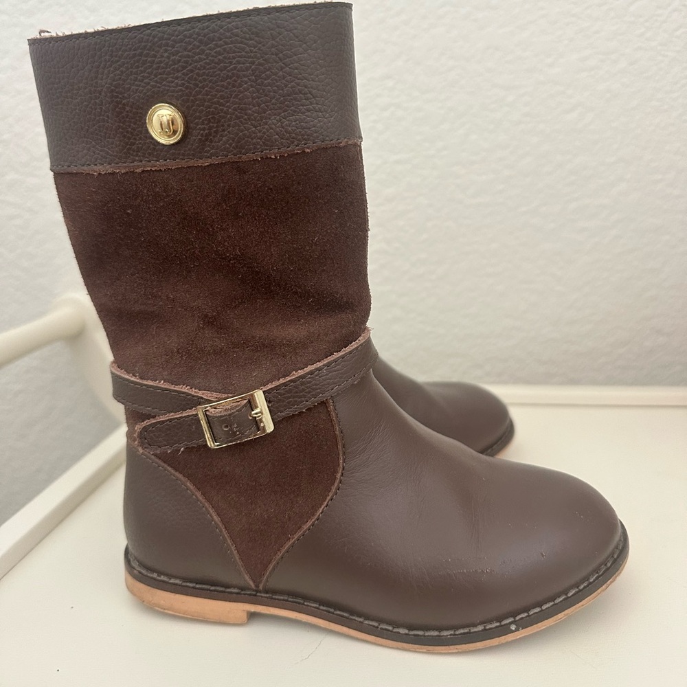 Brown Leather and Suede Boots with Gold Button